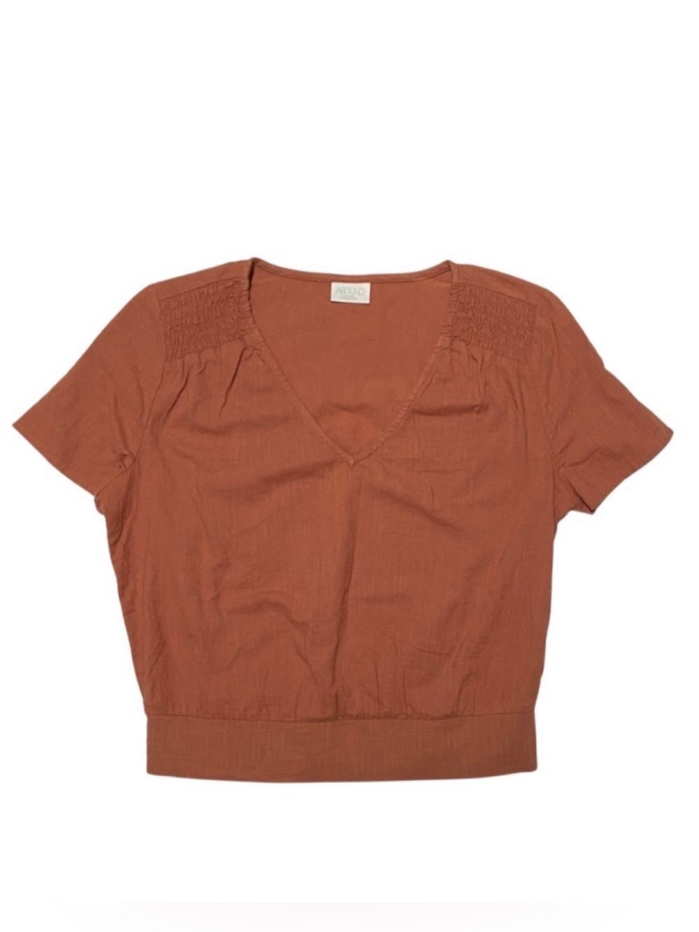 Crop Top, Smocking Detail, Linen Look Cotton, Short Sleeves, V-neck, Orange, NEW